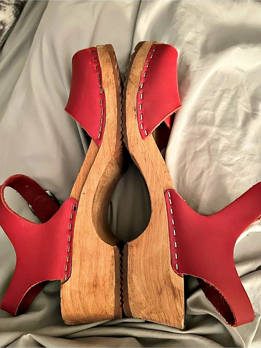 MIA Wooden Clog Peep Toe Sandals in Red Leather